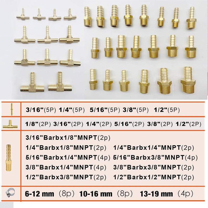 Rolfutool 82 pcs Brass Hose Barb Fittings Assortment Kits 1/8" 3/16" 1/4" 5/16" 3/8" 1/2" Barb Splicer & Barb To Male Coupler & Tee - Image 3